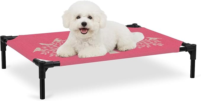 Outdoor Elevated Dog Bed for Medium Dogs, Black Tree Breathable Cooling Raised Dog Cot for Indoor/Outdoor, Birds Vintage Farmhouse Pink Waterproof Elevated Pet Beds, M 24 x 20 in
