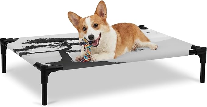 Outdoor Elevated Dog Bed for Large Dogs, Pine Trees Breathable Cooling Raised Dog Cot for Indoor/Outdoor, Modern Nature Foreset Mountains Birds Waterproof Elevated Pet Beds, L 28 x 22 in