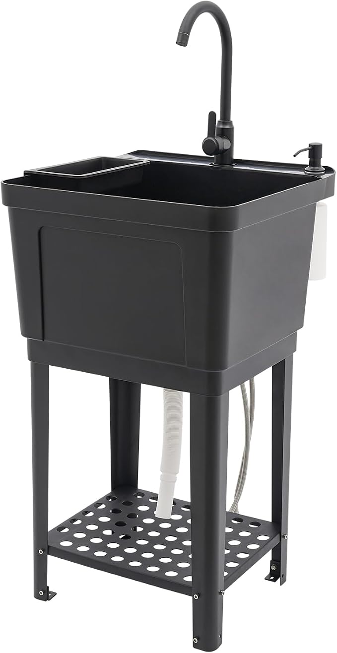 Tall Freestanding Plastic Utility Sink with Hose Hook Up Black | 360° Rotating Hot and Cold Faucet, Built-in Soap Box and Soap Dispenser, Bottom Storage Rack, Four Iron Support Feet