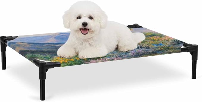Outdoor Elevated Dog Bed for Medium Dogs, Tropical Mountain Breathable Cooling Raised Dog Cot for Indoor/Outdoor, Farmhouse Nature Trees Flowers Blue Sky Waterproof Elevated Pet Beds, M 24 x 20 in