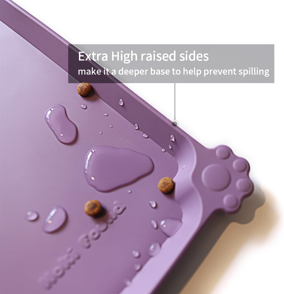 Hoki Found Large High-Sided Silicone Pet Food Tray - Non-Slip Bowls Placemat - Dog and Cat Feeding Mat - Waterproof - Amethyst