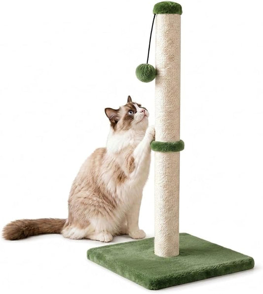 Dimaka Tall Cat Scratching Post, Claw Scratcher with Sisal Rope and Covered with Soft Smooth Plush, Vertical Scratch [Full Strectch] for Standard Size Cats (Green, 29 inches for All Cats)