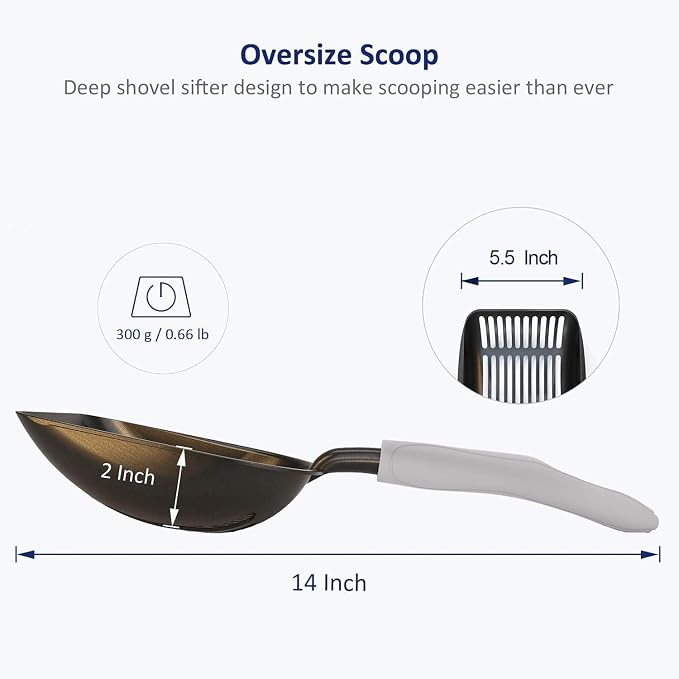 Cat Litter Scoop, Non-Stick Plated Aluminum Alloy Sifter, Kitty Durable Metal Scooper, Deep Shovel, Long Handle, Kitten Pooper Lifter, Size Large, Coated Black Body with Grey Handle