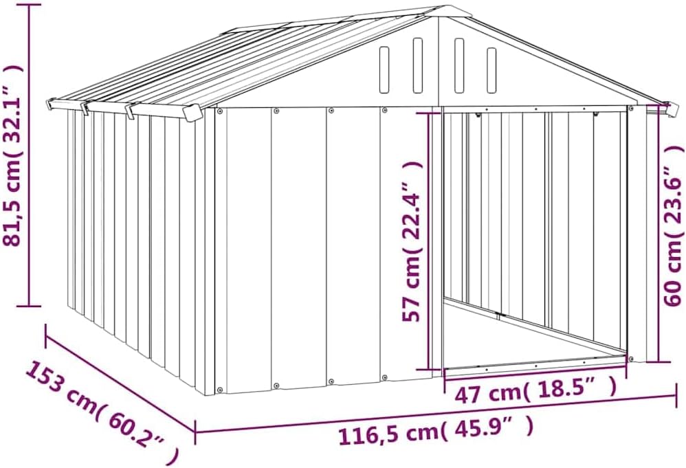vidaXL Large Anthracite Dog House Galvanized Steel Outdoor Kennel for Breeds 45.9 X 60.2 32.1 in Perfect Pet Shelter Houses Puppy of Supply Shed