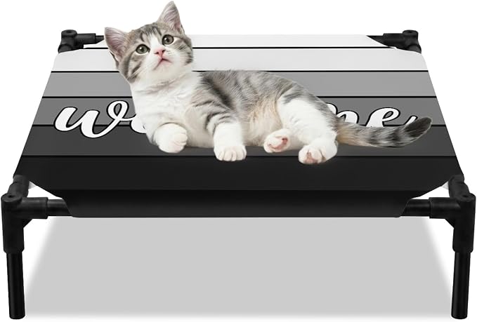 Outdoor Elevated Dog Bed for Small Dogs, Black Wooden Grain Breathable Cooling Raised Dog Cot for Indoor/Outdoor, Gradient Farmhouse Wood Plank Waterproof Elevated Pet Beds, S 20 x 20 in