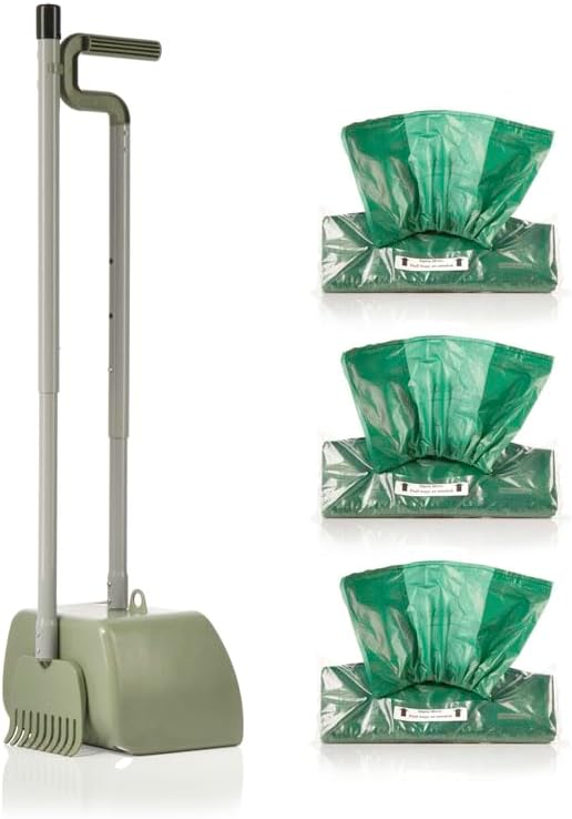 Adjustable Pooper Scooper and Rake, Large Bucket for Large Dogs, Includes Custom 3 Dog Waste Bag Packs (150 Ct), Long Handled Bags