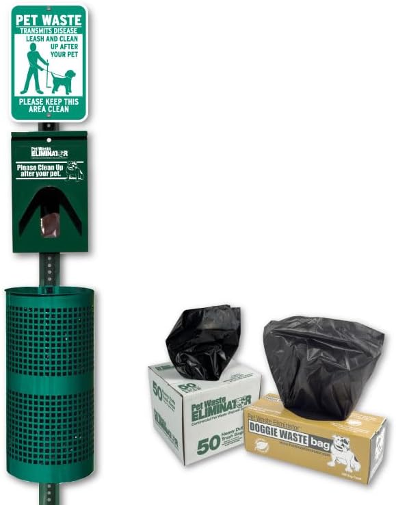 Pet Waste Station Kit with 12in x 18in Aluminum Sign - Rustproof Aluminum - FREE 200 Roll Bags & 50 Can Liners (No Fine Sign)