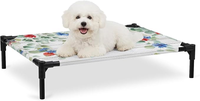 Outdoor Elevated Dog Bed for Medium Dogs, Independence Day Breathable Cooling Raised Dog Cot for Indoor/Outdoor, Eucalyptus Leaves Floral Wooden Plank Waterproof Elevated Pet Beds, M 24 x 20 in