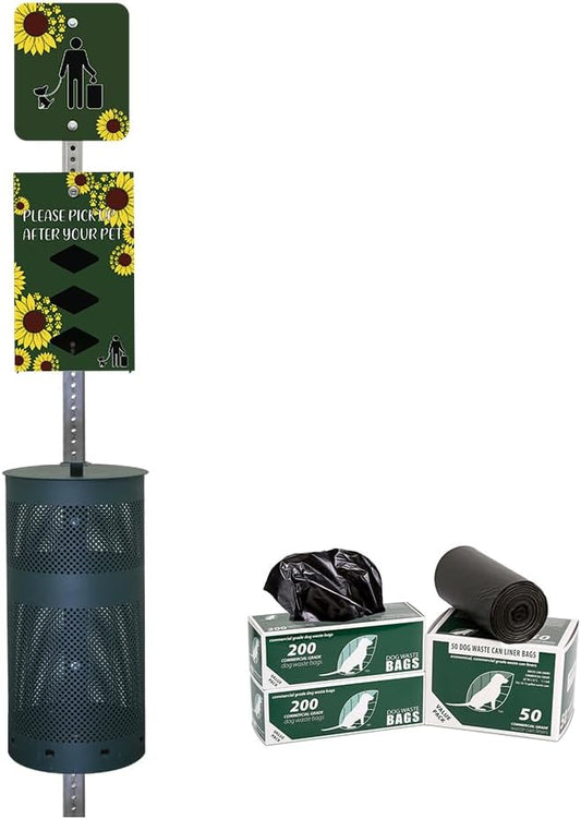 Zero Waste USA - Aluminum Dog Waste Station - Sunflower | Matte Green | DISPENSE-ART™ UV-printed aluminum station, 25% larger bag storage, rust-proof commercial design for parks & properties