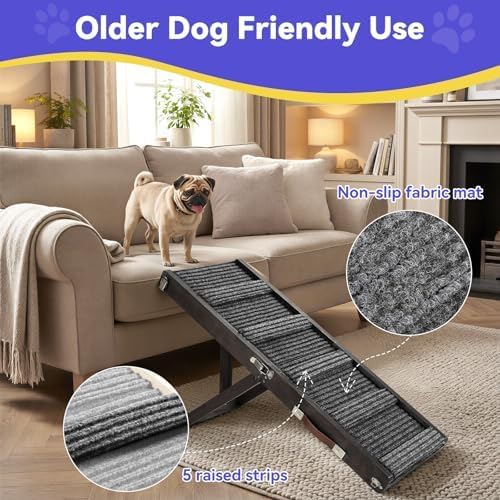 Pawaboo 2026 Upgraded Small Dog Ramp for Couch Foldable, 5 Ajustable Height | Height from 9.8" to 20.5", Portable Stable Pet Steps with Non-Slip Pad, Pet Ramps Use for Sofa Couch Stairs, Wood