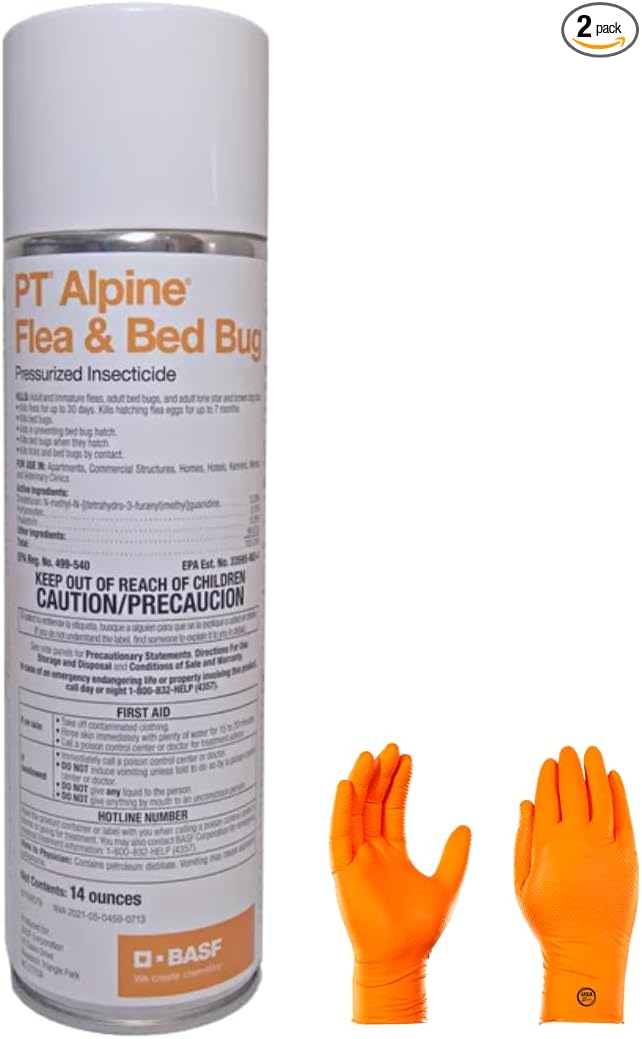 Alpine Flea & Bed Bug Pressurized Insecticide - Heavy Duty flea and Bed Bug Control with USA Supply Protective Gloves and Pest Identification Card