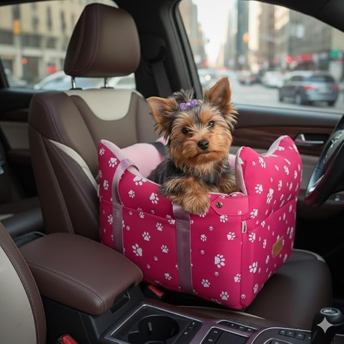 Center Console Dog Car Seat for Small Medium Dogs Up to 21 Lbs | Memory Foam Booster With Safety Leash, Washable Cover, Rose Red