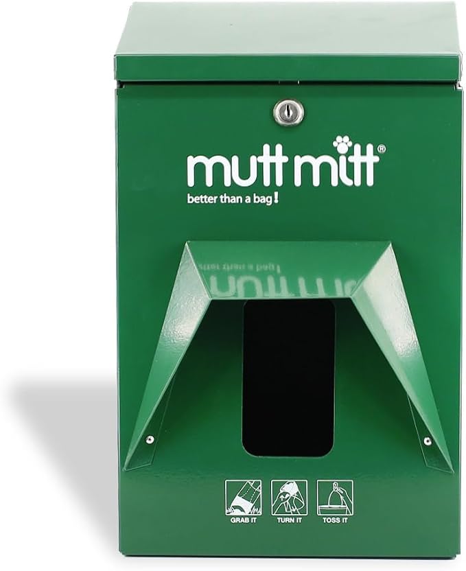 Mutt Mitt® Aluminum Dog Waste Bag Dispenser - No Bags (Green) | Rust-proof aluminum header bag dispenser, locking hood, fits all 5" header bags, 2 keys & mounting hardware included
