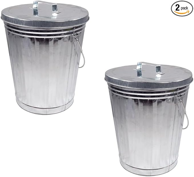 Mytee Products 2 Pack Galvanized Trash Can w/Lid Ideal for Trailers - 6 Gallon Steel Mounted Small Outdoor Garbage Can for Home, Office, Bathroom, Kitchen - Fire and Heat Resistant