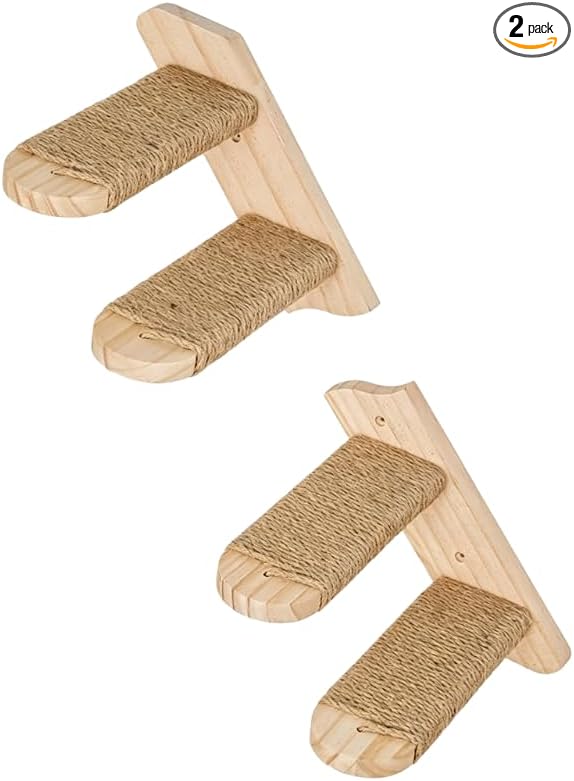 Wall Mounted Cat Shelf, 2 Pack 2 Step Wooden Stairway with Jute Rope, Space-Saving Modular Climbing Ladder for Indoor Cats, for Climbing, Resting, Scratching