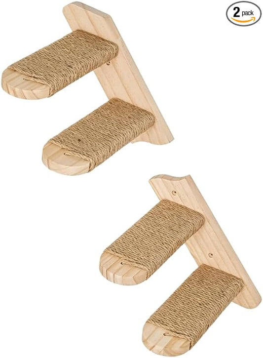 Wall Mounted Cat Shelf, 2 Pack 2 Step Wooden Stairway with Jute Rope, Space-Saving Modular Climbing Ladder for Indoor Cats, for Climbing, Resting, Scratching