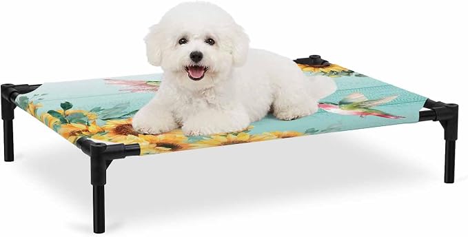 Outdoor Elevated Dog Bed for Medium Dogs, Sunflowers Breathable Cooling Raised Dog Cot for Indoor/Outdoor, Spring Botanical Flowers Birds Turquoise Wooden Waterproof Elevated Pet Beds, M 24 x 20 in