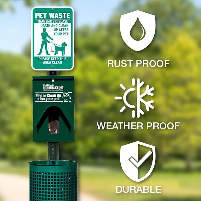 Pet Waste Station Kit with 12in x 18in Aluminum Sign - Rustproof Aluminum - FREE 200 Roll Bags & 50 Can Liners (No Fine Sign)