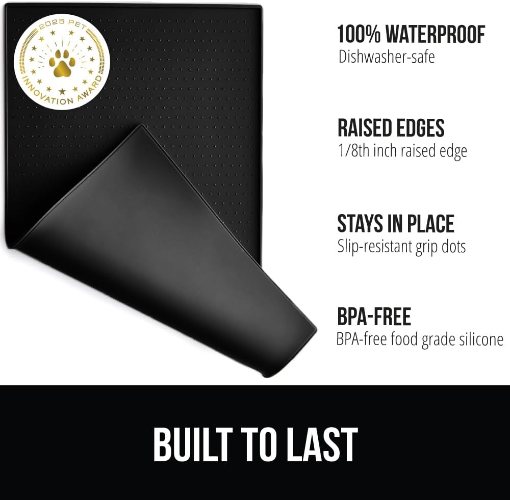 GORILLA GRIP 100% Waterproof Raised Edge BPA Free Silicone Pet Feeding Mat, Dog Cat Food Mats Contain Spills Protects Floors, Placemats for Cats and Dogs Water Bowl, Pets Accessories 16x10, Black