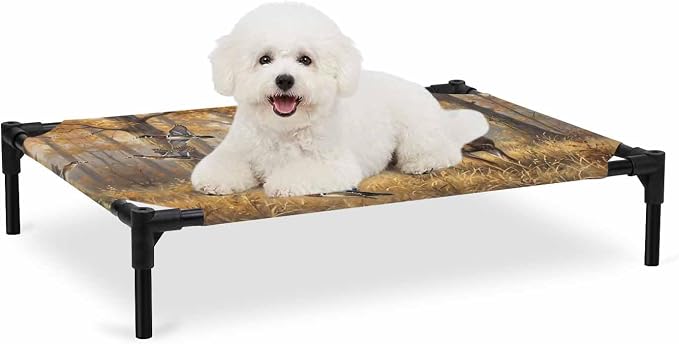 Outdoor Elevated Dog Bed for Medium Dogs, Brown Deer Birds Breathable Cooling Raised Dog Cot for Indoor/Outdoor, Autumn Forest Trees Grass Natural Scenery Waterproof Elevated Pet Beds, M 24 x 20 in