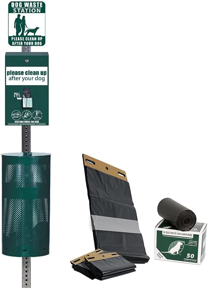 Zero Waste USA® Aluminum Dog Waste Station with ONEpul® Bags, Matte Green | Rust-proof aluminum dog waste station with ONEpul® pull-strap bags, one-at-a-time dispensing, less waste & easier maintenance