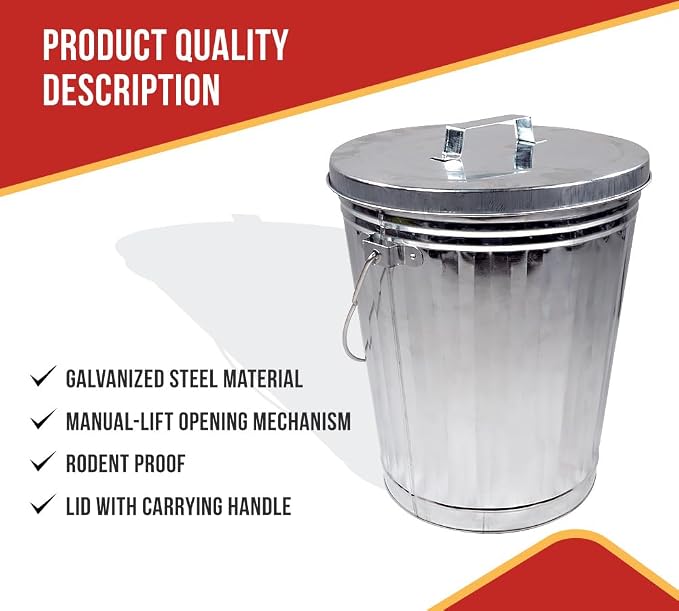 Mytee Products 4 Pack Galvanized Trash Can w/Lid Ideal for Trailers - 6 Gallon Steel Mounted Small Outdoor Garbage Can for Home, Office, Bathroom, Kitchen - Fire and Heat Resistant