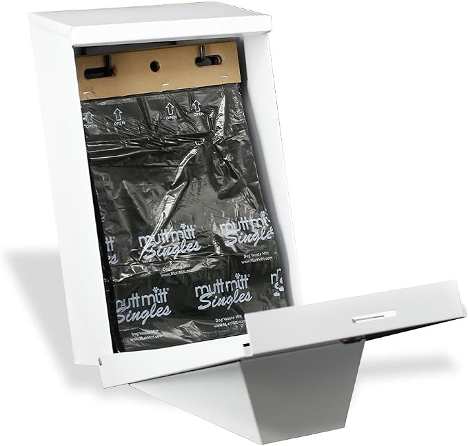 Mutt Mitt® Aluminum Dog Waste Starter Station - Gloss White | Singles | Rust-proof aluminum dispenser, includes 400 header bags, locking hood, fits all 5" header refills, hardware included