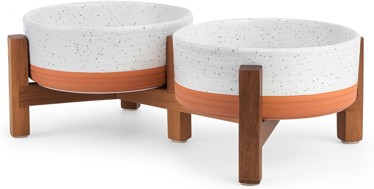 SPUNKYJUNKY Ceramic Elevated Dog Bowl Set with Acacia Wood Stand for Food and Water for Cat and Small Dog (13.52 OZ, White and Reddish Brown)