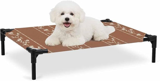 Outdoor Elevated Dog Bed for Medium Dogs, Brown Flowers Branch Breathable Cooling Raised Dog Cot for Indoor/Outdoor, Spring Summer Farmhouse Botanical Waterproof Elevated Pet Beds, M 24 x 20 in