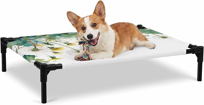 Outdoor Elevated Dog Bed for Large Dogs, Hanging Dandelions Breathable Cooling Raised Dog Cot for Indoor/Outdoor, Green Leaves Botanical Flower Minimalist Waterproof Elevated Pet Beds, L 28 x 22 in