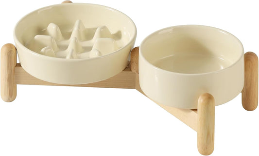 Ceramic Raised Slow Feeder Dog Bowl Set, Elevated 5.1inch Bowl and 6.1inch Slow Pet Food Dish with Wooden Stand for Small Dog and Cat (2 x Beige+ Stand)