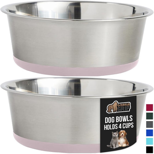 GORILLA GRIP Set of 2 Dog Bowls, Holds 4 Cups (32 fl oz), Heavy Duty Metal Food and Water Bowl for Feeding Dogs and Cats, Dishwasher Safe, Rust Resistant Stainless Steel, BPA Free Rubber Base, Lt Pink
