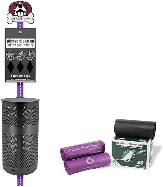 Zero Waste USA - Aluminum Dog Waste Station with Bags - Purple & Black | Purple dog design with rust-proof aluminum station, 400 roll bags, 25 liners, locking dispenser, 10-gallon waste can