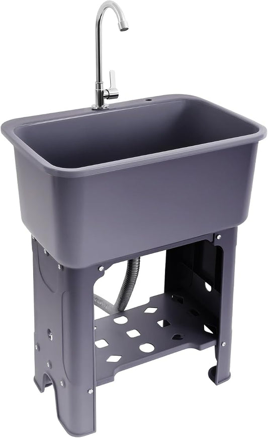 Freestanding Plastic Utility Sink with Hose Hook Up Gray | 110.23 lbs Load Capacity, 360° Swivel Faucet, Includes Washboard, Bottom Storage Board, Suitable for Garages and Gardens