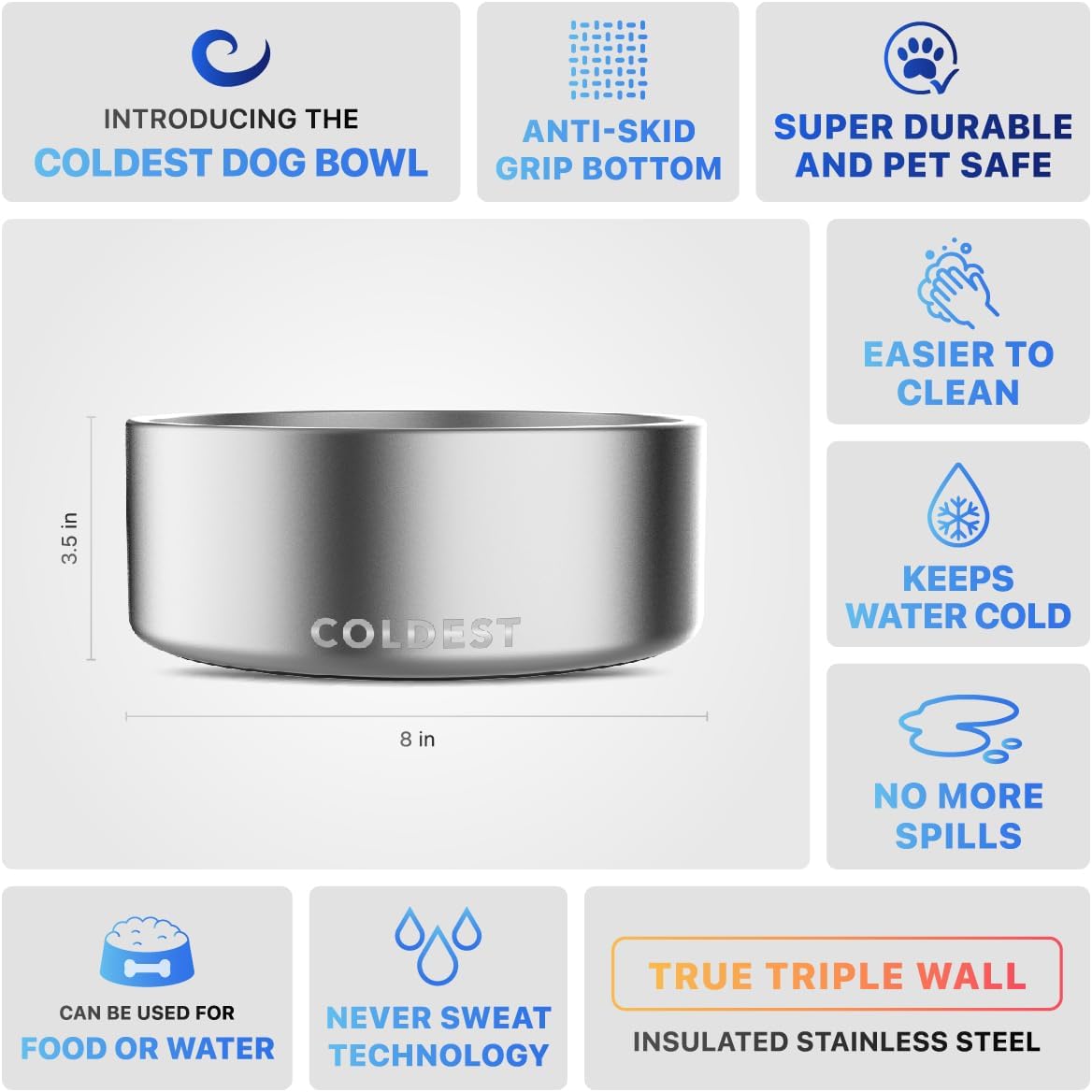 Coldest Dog Bowl - Anti Rust Metal, Non Slip, 3 Layers Insulated Stainless Steel Dog Bowls - Spill Proof & Heavy Duty - Water Bowl for Dogs, Cats, Dish Washer Safe (64 oz, Polished Stainless Steel)