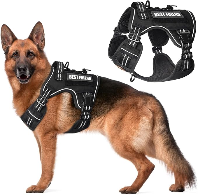 Tactical Dog Harness No-Pull Military Vest for Medium & Large Dogs, Adjustable Reflective Escape-Proof Vest with MOLLE System, Handle Control for Training, Walking, Outdoor – Black