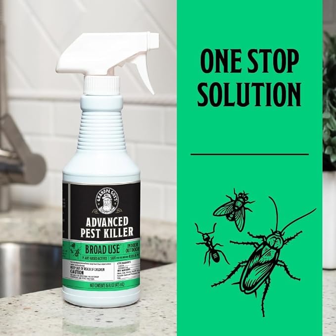 Grandpa Gus's Advanced Pest Killer, Indoor & Outdoor Bug Spray for Home, Ants, Roaches, Flies, Spiders, Fleas, Gnats, Silverfish, Moths & More, Clove & Cottonseed Oil, Kid, Pet Safe, 16 fl oz