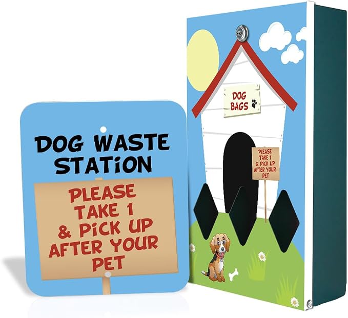 Zero Waste USA - DISPENSE-ART™ Roll Bag Dispenser & Sign - Dog House | UV-printed roll bag dispenser & matching sign, 400 bags, 25% more storage, mounts to walls, posts & fences
