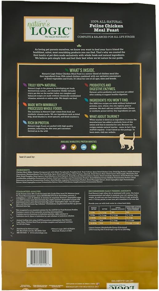 Nature's Logic Feline Chicken Meal Feast Cat Food - High-Protein Dry Food for Cats, 100% Natural Nutrition with Probiotics & Prebiotics - All Life Stages - Chicken, 15.4lbs
