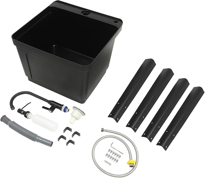 Tall Freestanding Plastic Utility Sink with Rotatable Faucet Black | Equipped with Hose Hook Up, Built-In Soap Box and Soap Dispenser, Four Iron Support Feet, Suitable for Laundry and Pet Bath