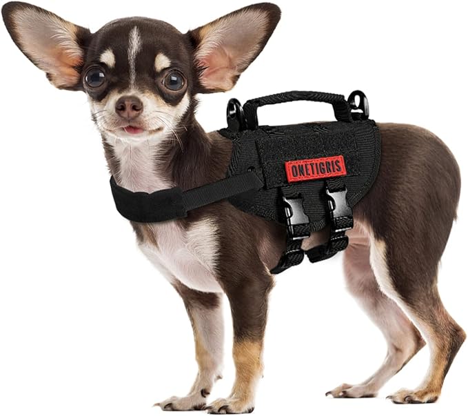 OneTigris Tactical Dog Harness XXS Puppy Vest with Vertical Handle | Tactical XXS puppy harness with vertical handle & fleece padding. Quick-release for easy on/off. Ideal for training & walks.