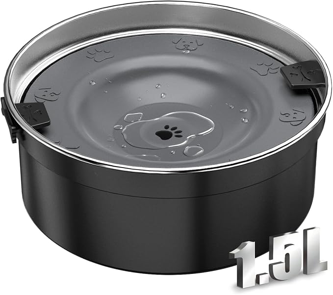 Dog Water Bowl No Spill, 1.5L/50oz Stainless Steel Slow Water Bowl for Dogs, Spill Proof Dog Bowl with Anti-Splash & Non-Slip, Slow Drinking Water Bowl Dispenser for Messy Drinkers (Black)