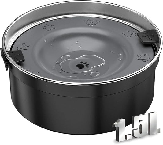 Dog Water Bowl No Spill, 1.5L/50oz Stainless Steel Slow Water Bowl for Dogs, Spill Proof Dog Bowl with Anti-Splash & Non-Slip, Slow Drinking Water Bowl Dispenser for Messy Drinkers (Black)