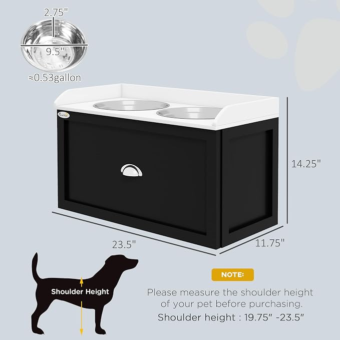 PawHut Dog Feeding Station with Storage Drawer, Elevated Dog Bowls for Large Dogs, White and Black | 2 Removable Elevated Pet Bowls, for Large Sized Breeds