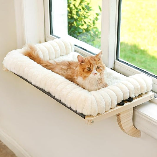Cloud-Soft Cat Window Sill Perch with Zipper Designed Cushioned Bed, Supportive Cat Window Seat with Premium Solid Wood & Sturdy Metal Frame, Pet Hammock Bed for Large Cats (X-Large, White)