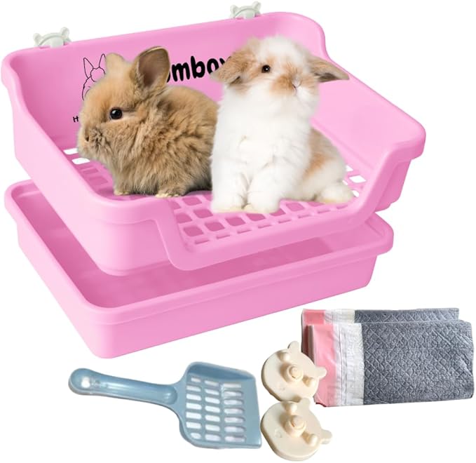HoppScotch.bun Bumbox Large Rabbit Litter Box, 15.75" Training Cage with Plastic Grid for Small Animals, Indoor/Outdoor, Pink