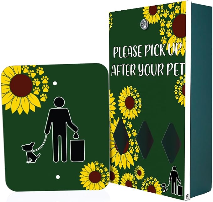 Zero Waste USA - DISPENSE-ART™ Roll Bag Dispenser & Sign - Sunflower | UV-printed roll bag dispenser & matching sign, 400 bags, 25% more storage, mounts to walls, posts & fences