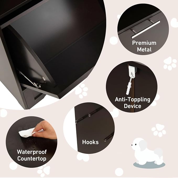 Dog Food Cabinet Feeding Station with 2 Raised Bowls, Pull Out Elevated Dog Bowl, Storage, 3 Hangers, Pet Feeder Toy Leashes Organizer, Brown