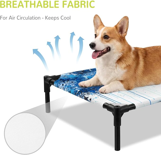 Outdoor Elevated Dog Bed for Large Dogs, Blue Trees Breathable Cooling Raised Dog Cot for Indoor/Outdoor, Boho Nature Branch Leaf Plants Landscape Waterproof Elevated Pet Beds, L 28 x 22 in