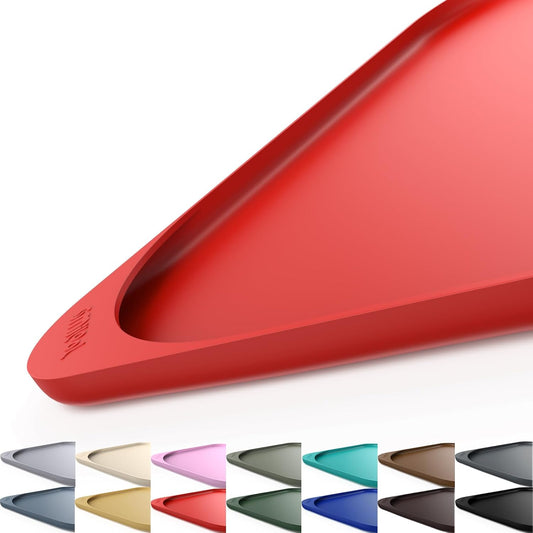 Silicone Pet Feeding Mat with Raised Edge & Residue Collection Pocket for Food and Water, Dog Bowl Mats, Cat Bowls Placemat with High Lip for Floor Waterproof, 22 x 14 x 0.8 Red